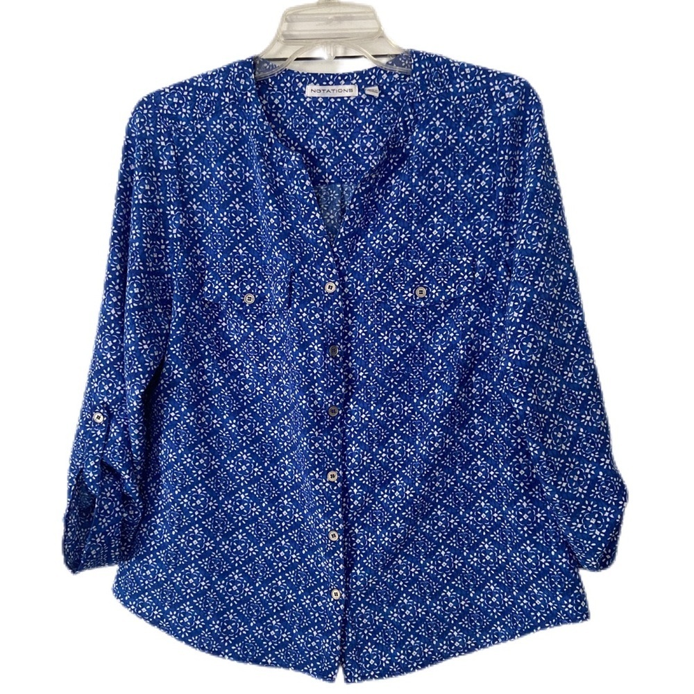 Notations Blue And White Patterned Button Down Bl… - image 1